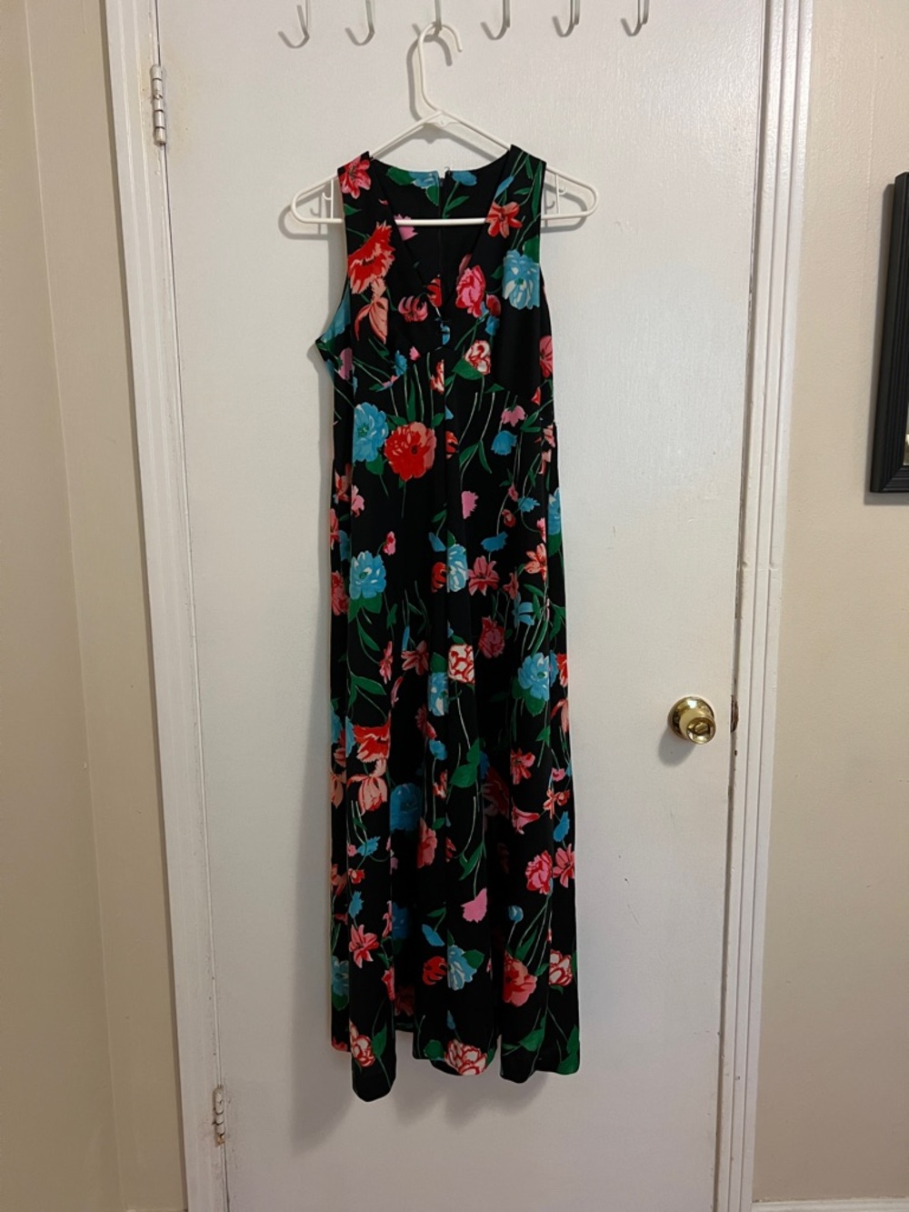 Vintage 70s Sleeveless Floral Maxi Dress in Black with Multicolor Blooms